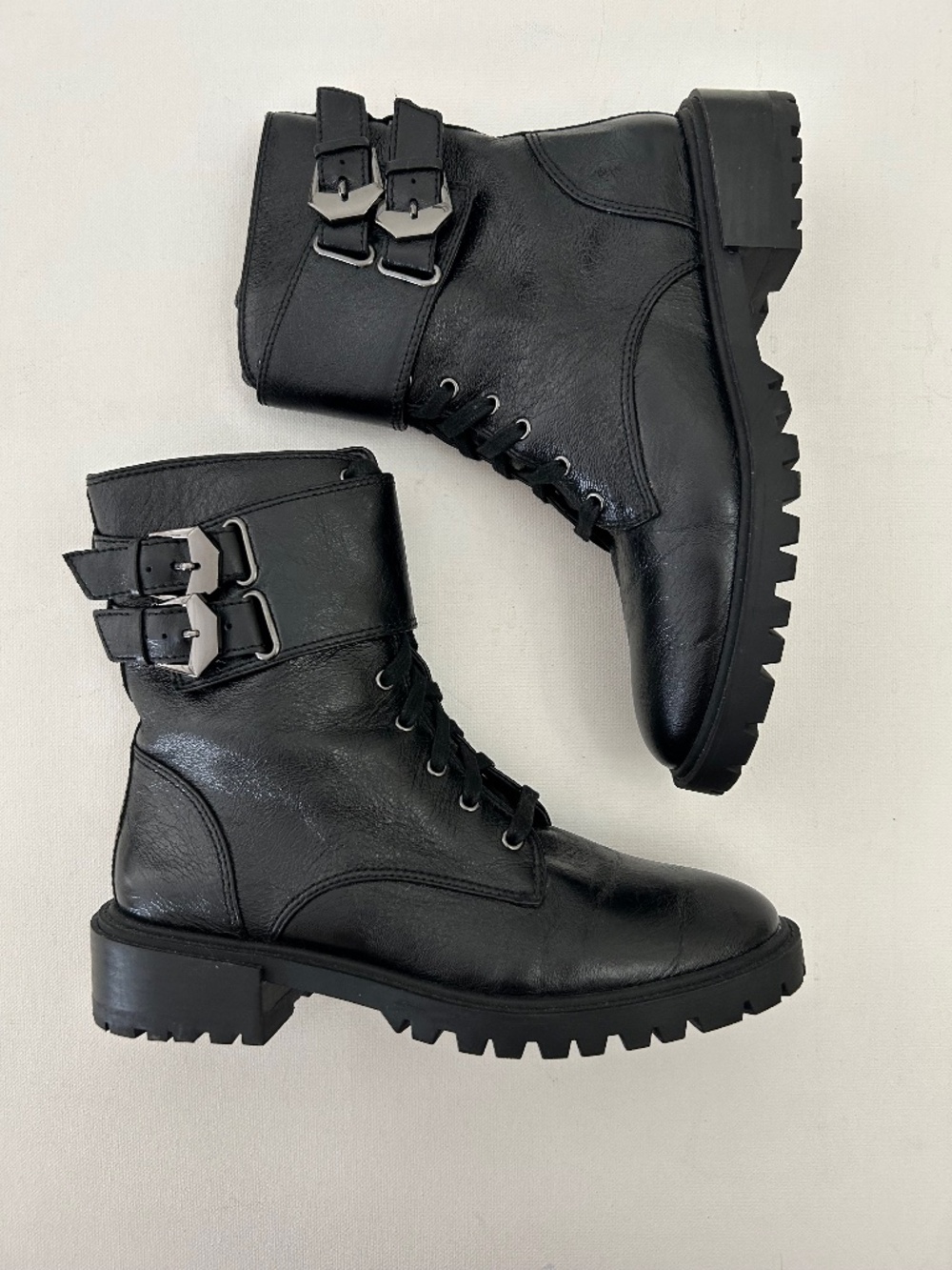 Vince Camuto Fawdry Leather Combat Boots Buckle lace Up Black Size 6.5M